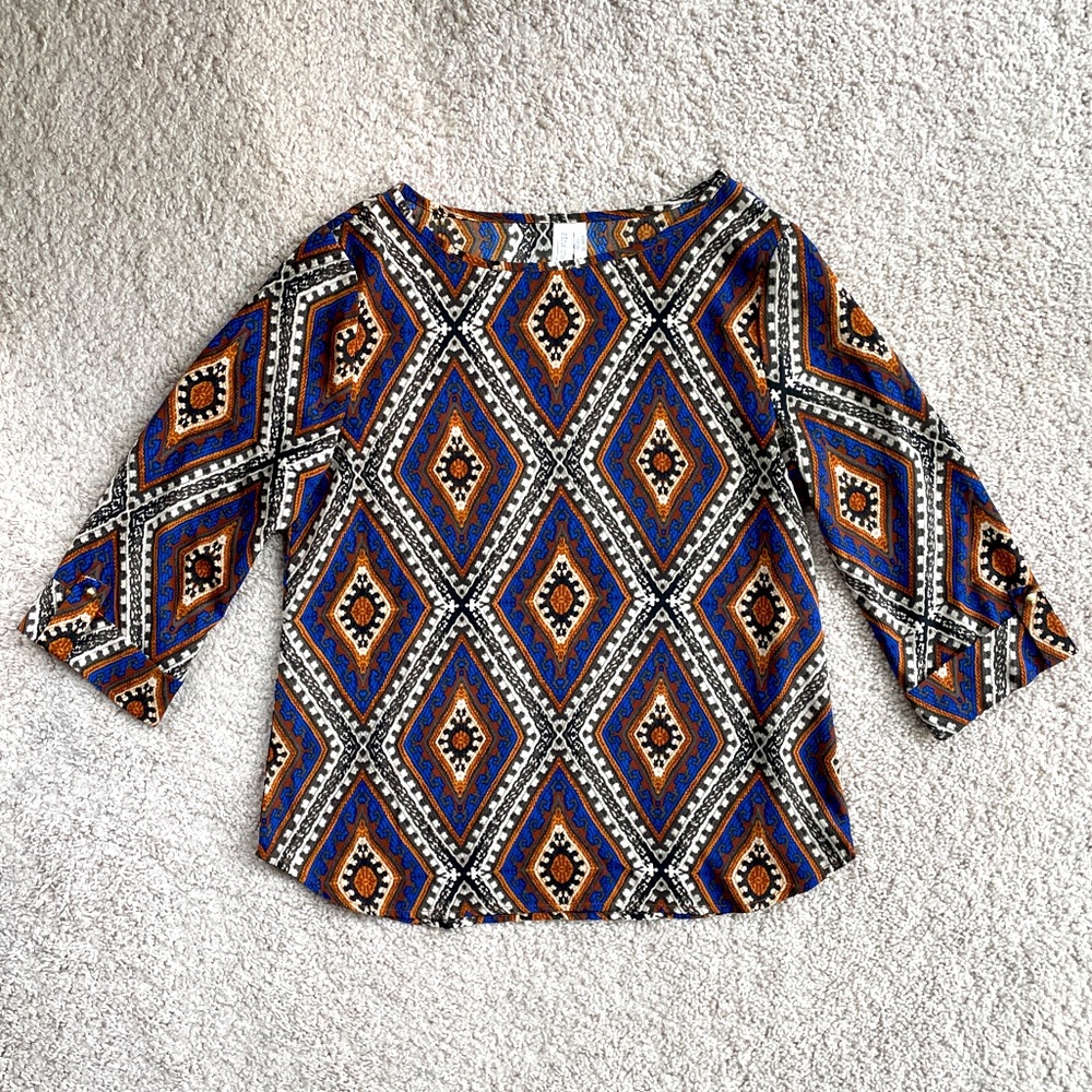 Pink Owl Boutique Tribal Print Blue Brown Tan Long Sleeve Blouse Top Size Small